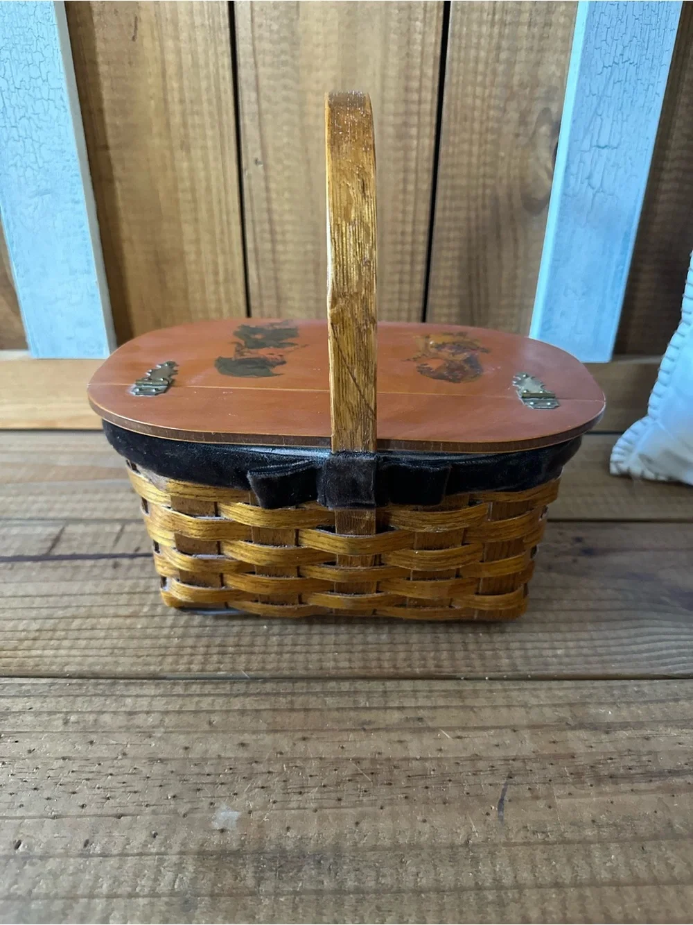 Woven Wood Picnic Basket/Sewing basket with Painted Lid - Brown